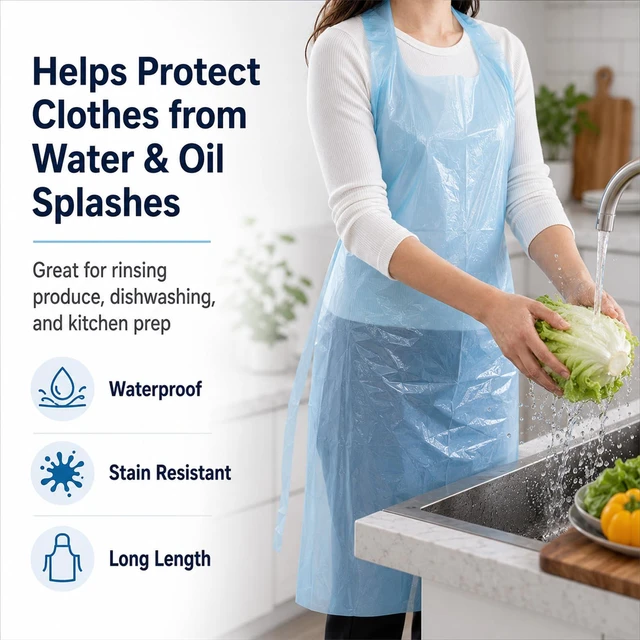 Alt view image 6 of 7 - 100 PCS Disposable PE Aprons, Waterproof Cooking Aprons for Kitchen & Food Service, Individually Wrapped