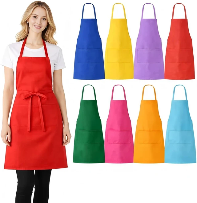 Main image of 8 Pack Aprons Bulk for Adult, Kitchen Cooking Apron for Women Men, Polyester Bib Apron with 2 Pockets and Long Ties for BBQ Restaurant Home (8, Mixed color)