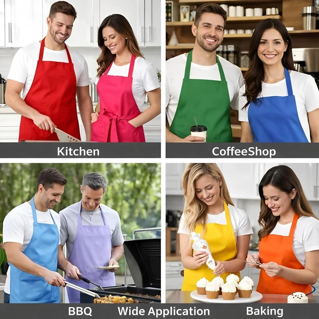 Alt view image 7 of 7 - 8 Pack Aprons Bulk for Adult, Kitchen Cooking Apron for Women Men, Polyester Bib Apron with 2 Pockets and Long Ties for BBQ Restaurant Home (8, Mixed color)