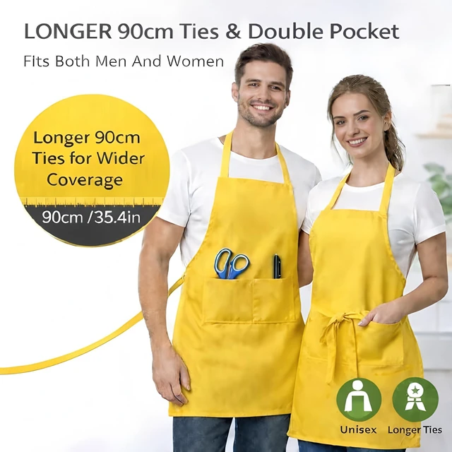 Alt view image 4 of 7 - 8 Pack Aprons Bulk for Adult, Kitchen Cooking Apron for Women Men, Polyester Bib Apron with 2 Pockets and Long Ties for BBQ Restaurant Home (8, Mixed color)