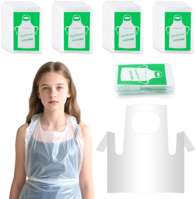 Main image of 50 Pieces Disposable Aprons for Kids, Plastic Smocks, Clear kids Apron Children Painting Apron Disposable Waterproof Oil Proof Toddler Art Aprons for Cooking Eating Teaching DIY Craft Picnic