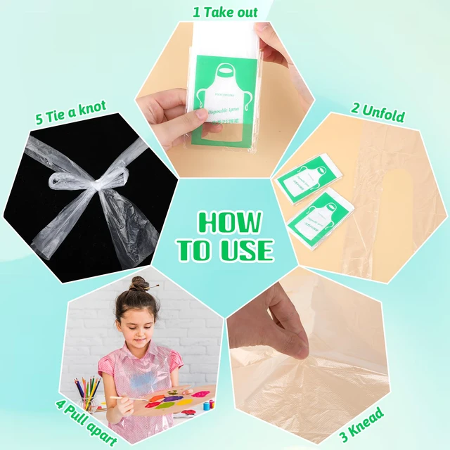 Alt view image 4 of 7 - 50 Pieces Disposable Aprons for Kids, Plastic Smocks, Clear kids Apron Children Painting Apron Disposable Waterproof Oil Proof Toddler Art Aprons for Cooking Eating Teaching DIY Craft Picnic