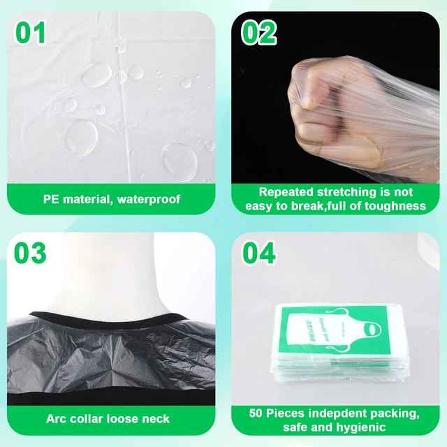 Alt view image 3 of 7 - 50 Pieces Disposable Aprons for Kids, Plastic Smocks, Clear kids Apron Children Painting Apron Disposable Waterproof Oil Proof Toddler Art Aprons for Cooking Eating Teaching DIY Craft Picnic