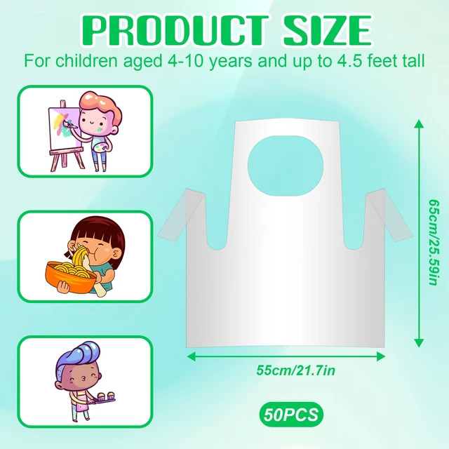 Alt view image 2 of 7 - 50 Pieces Disposable Aprons for Kids, Plastic Smocks, Clear kids Apron Children Painting Apron Disposable Waterproof Oil Proof Toddler Art Aprons for Cooking Eating Teaching DIY Craft Picnic