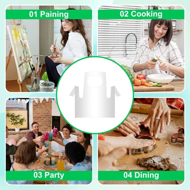 Alt view image 7 of 7 - 50 Pieces Disposable Aprons for Kids, Plastic Smocks, Clear kids Apron Children Painting Apron Disposable Waterproof Oil Proof Toddler Art Aprons for Cooking Eating Teaching DIY Craft Picnic
