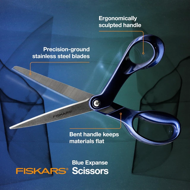 Alt view image 2 of 5 - 8" Designer Explore Collection Scissors, Blue Expanse | Precision Ground Stainless Steel Blades Stay Sharp, Bent Ergonomic Handles, Arts & Crafts