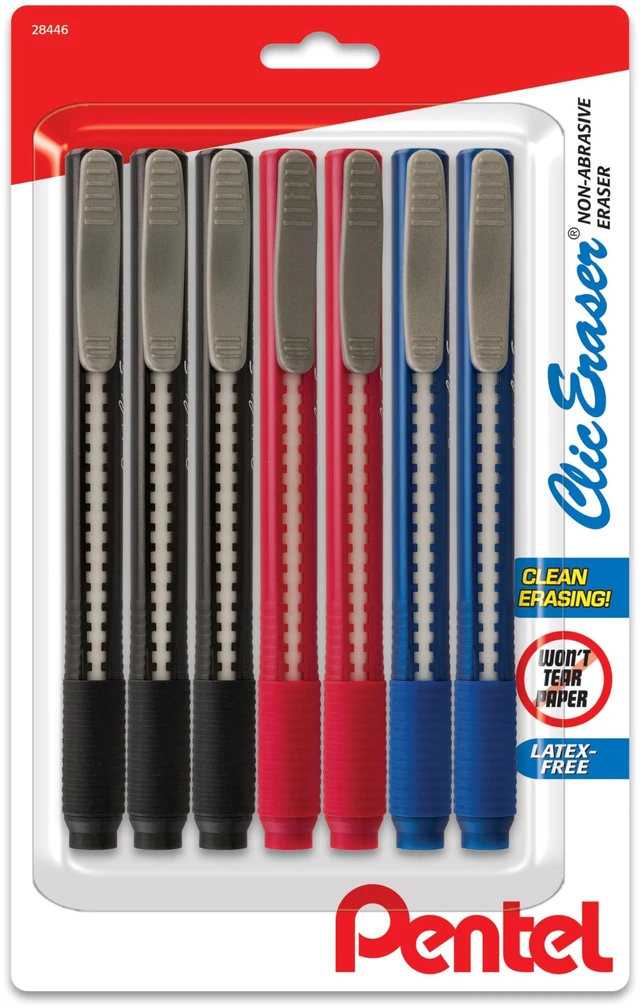 Main image of Clic Eraser Grip Retractable Eraser with Grip Office Barrel Colors (Black, Red, Blue) 7 Pack