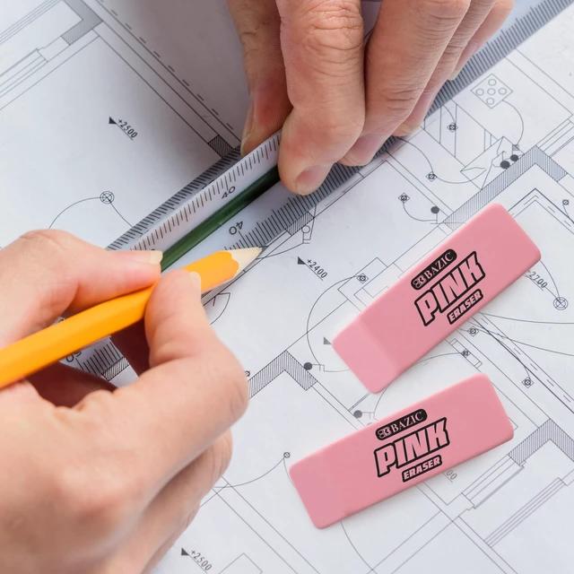 Alt view image 6 of 7 - Pink Bevel Block Erasers, Latex-Free, 4 Count | Latex-free and PVC-free, Pink beveled block erasers, Clean erase, Smudge-resistant, School, Home