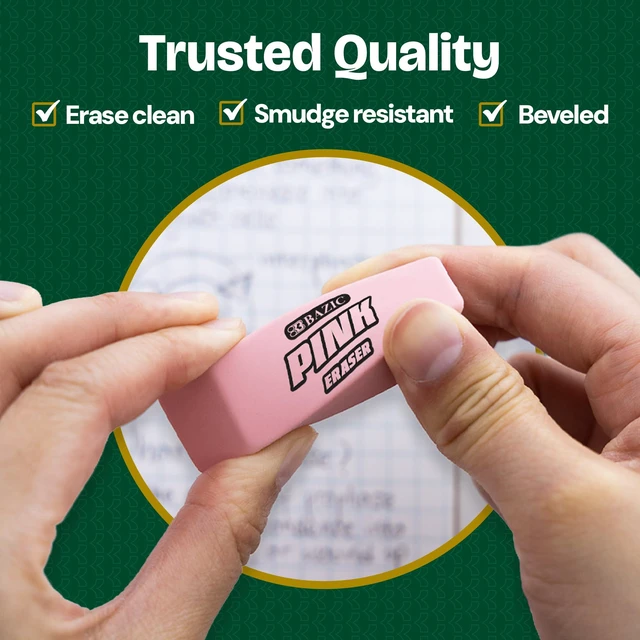 Alt view image 5 of 7 - Pink Bevel Block Erasers, Latex-Free, 4 Count | Latex-free and PVC-free, Pink beveled block erasers, Clean erase, Smudge-resistant, School, Home