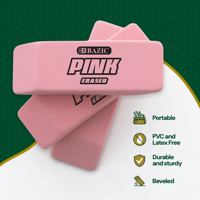 Alt view image 3 of 7 - Pink Bevel Block Erasers, Latex-Free, 4 Count | Latex-free and PVC-free, Pink beveled block erasers, Clean erase, Smudge-resistant, School, Home