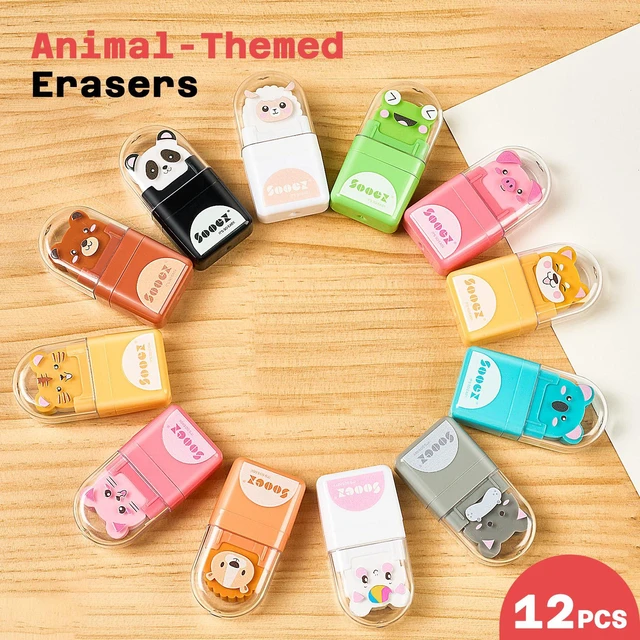 Alt view image 7 of 7 - 12 Pack Pencil Erasers, Cute Animal Eraser with Clean up Roller and Cover, Latex-Free, Bulk Art Drawing Erasers for Students & Teacher Classroom/School Supplies, Party Favor