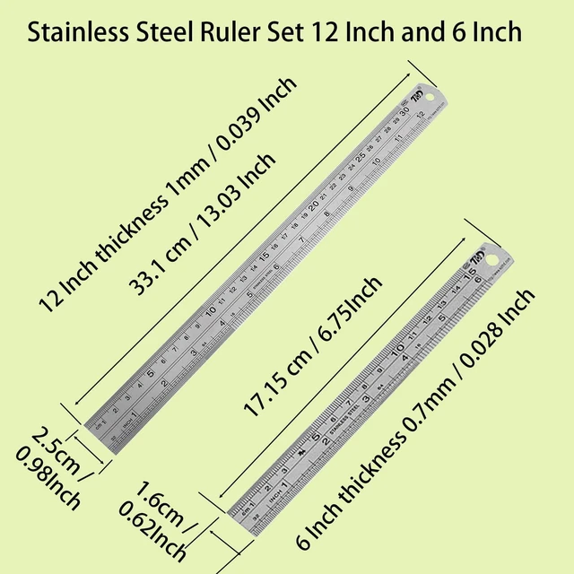 Alt view image 2 of 7 - Metal Ruler Set, Stainless Steel 6 Inch and 12 Inch Rulers with Inches and Centimeters, Metric Precision Measuring Drawing Ruler, Silver