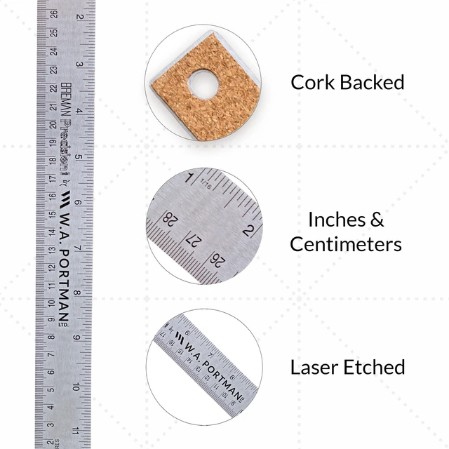 Alt view image 2 of 7 - WA Portman Metal Ruler 12'', Metric Edge Corkback Stainless Steel Ruler | Flexible Non-Slip Metal Ruler with Cork Backing Stainless Steel Straight Edge, Metric Construction Ruler for DIY Art & Crafts