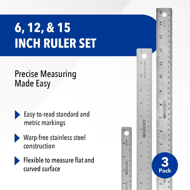 Alt view image 2 of 6 - Stainless Steel Ruler Set with Flexible Design, Non-Slip Cork Base, for Crafting, Office, Classroom, Back to School Supplies, Includes 6-, 12-, & 15-inch Rulers, 3 Pack