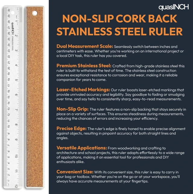 Alt view image 2 of 7 - Stainless Steel Metal Ruler with Non-Slip Cork Back for Home Improvement, Planner Accessories, College School Supplies, Drafting Tools, Architecture Supplies, 30.5 Centimeters & 12 inches