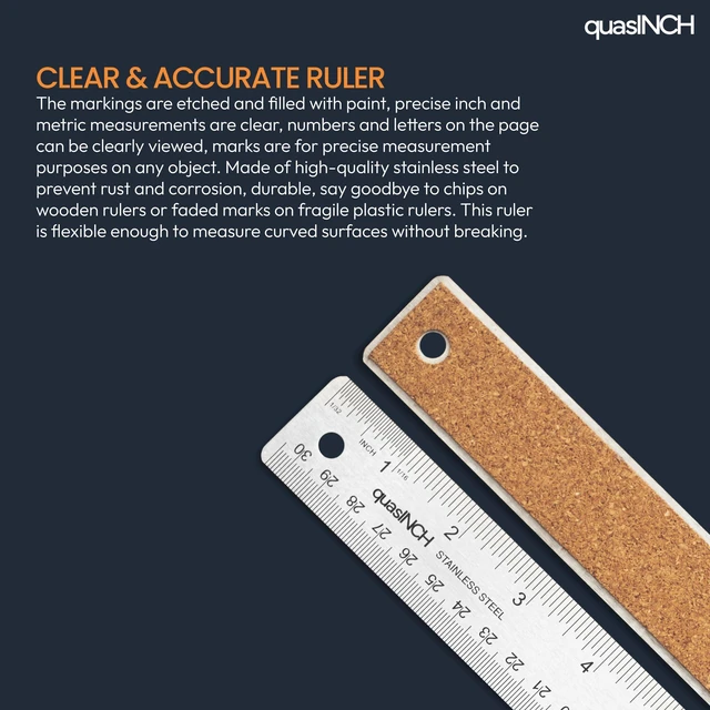 Alt view image 3 of 7 - Stainless Steel Metal Ruler with Non-Slip Cork Back for Home Improvement, Planner Accessories, College School Supplies, Drafting Tools, Architecture Supplies, 30.5 Centimeters & 12 inches