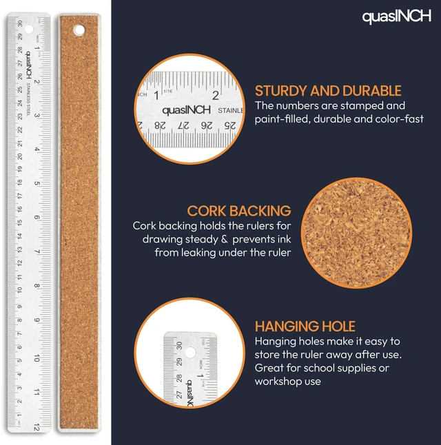Alt view image 4 of 7 - Stainless Steel Metal Ruler with Non-Slip Cork Back for Home Improvement, Planner Accessories, College School Supplies, Drafting Tools, Architecture Supplies, 30.5 Centimeters & 12 inches