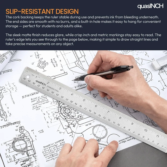 Alt view image 6 of 7 - Stainless Steel Metal Ruler with Non-Slip Cork Back for Home Improvement, Planner Accessories, College School Supplies, Drafting Tools, Architecture Supplies, 30.5 Centimeters & 12 inches