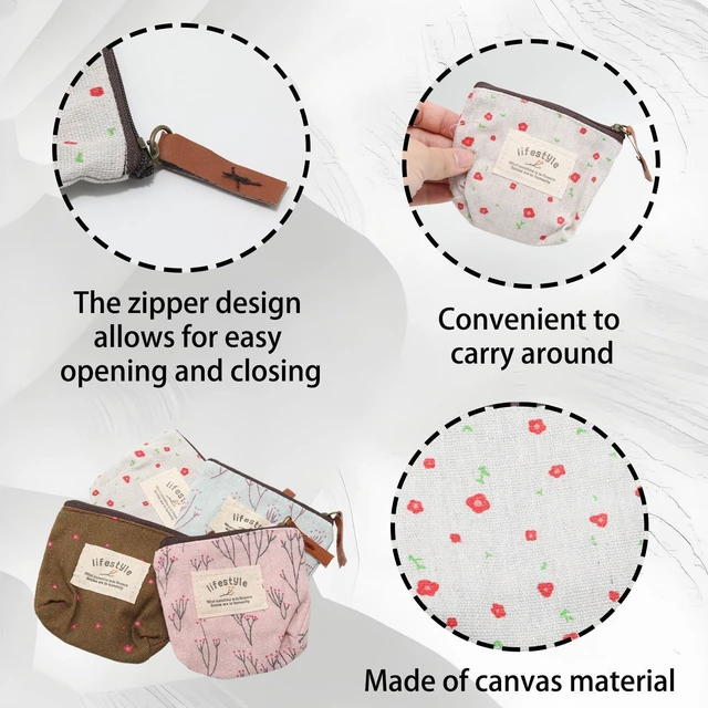 Alt view image 3 of 5 - 4Pcs Mini Canvas Purse Coin Pouch Makeup Bags with Flower Pattern | Small Cosmetic Bag with Zipper and Flower Pattern Portable Toiletry Organizer, Cute Coin Purse Storage Pouch Bag