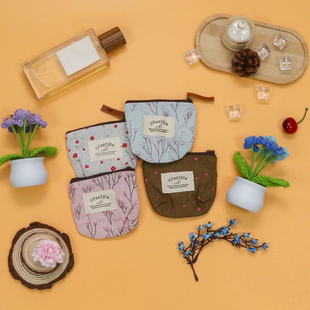 Alt view image 4 of 5 - 4Pcs Mini Canvas Purse Coin Pouch Makeup Bags with Flower Pattern | Small Cosmetic Bag with Zipper and Flower Pattern Portable Toiletry Organizer, Cute Coin Purse Storage Pouch Bag