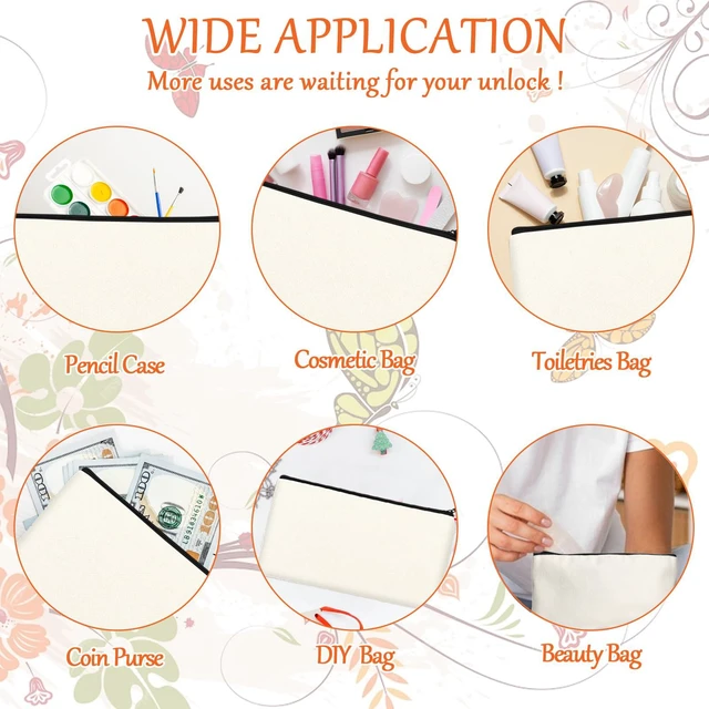 Alt view image 5 of 7 - Blank DIY Craft Canvas Pencil Case - Makeup Pouch, Multi-Purpose Travel Toiletry Zipper Bag, Bulk Cosmetic Bags 8.3 5 Inch