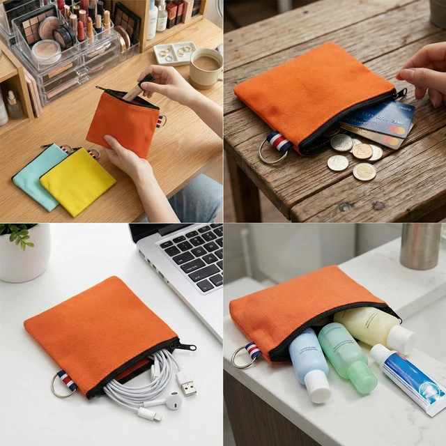 Alt view image 4 of 7 - Small Canvas Zipper Pouch - Coin Purse & Makeup Bag Organizer with Durable Zipper, Multi-Functional Travel Bag for Women Girls, Small Pouches for Purse (Light Green, Orange, Light Yellow)