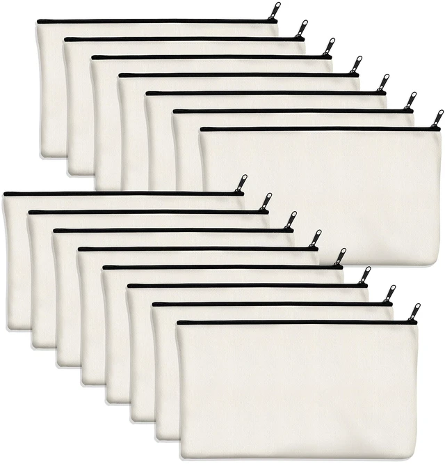 Main image of 15 Pack Blank Cotton Canvas DIY Craft Zipper Bags Pouches Pencil Case for Makeup Cosmetic Toiletry Stationary Storage (off white, 8.3 x 4.7)