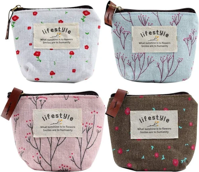 Main image of 4Pcs Colour Coin Purse, Mini Canvas Change Purse Coin Pouch with Flower Pattern, Portable Purse Holder Girls with Zipper for Cash, Keys Coin, Credit Card, ID Card Wallets and Money Accessories