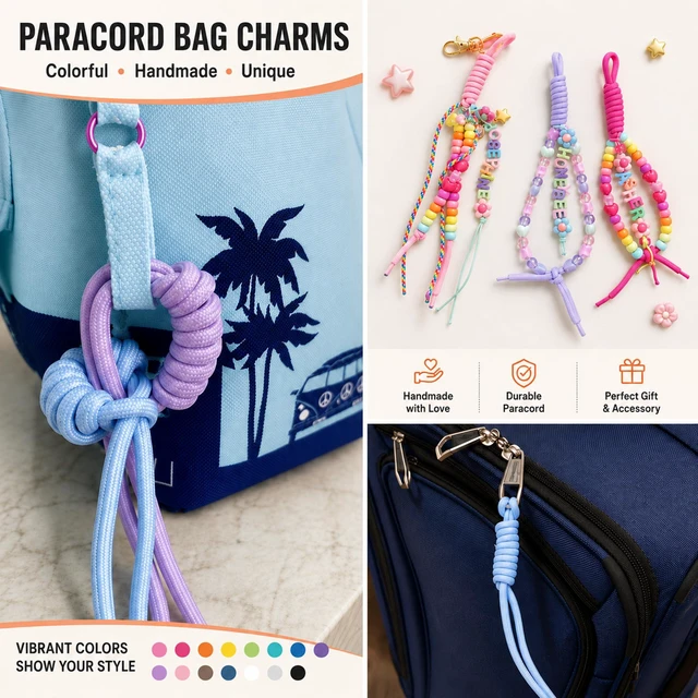 Alt view image 2 of 7 - Paracord Keychain,10Pcs Rope Keychain,Paracord Bag Charm for Purse Handbag | Decoration Accessories,10 Colors.for bead holes over 5mm/0.2in,not fit for holes under 5mm/0.2in.
