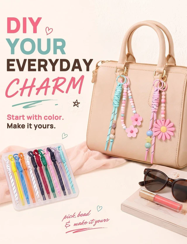 Alt view image 2 of 7 - 12PCS Paracord Keychain Kit, Paracord Bag Charm, Nylon Cords with Rings | 12-Color Rope Keychain Cords, Compatible with Paracord Beads & Chunky Letter Beads, for Bag, Purse, Backpack & Handbag