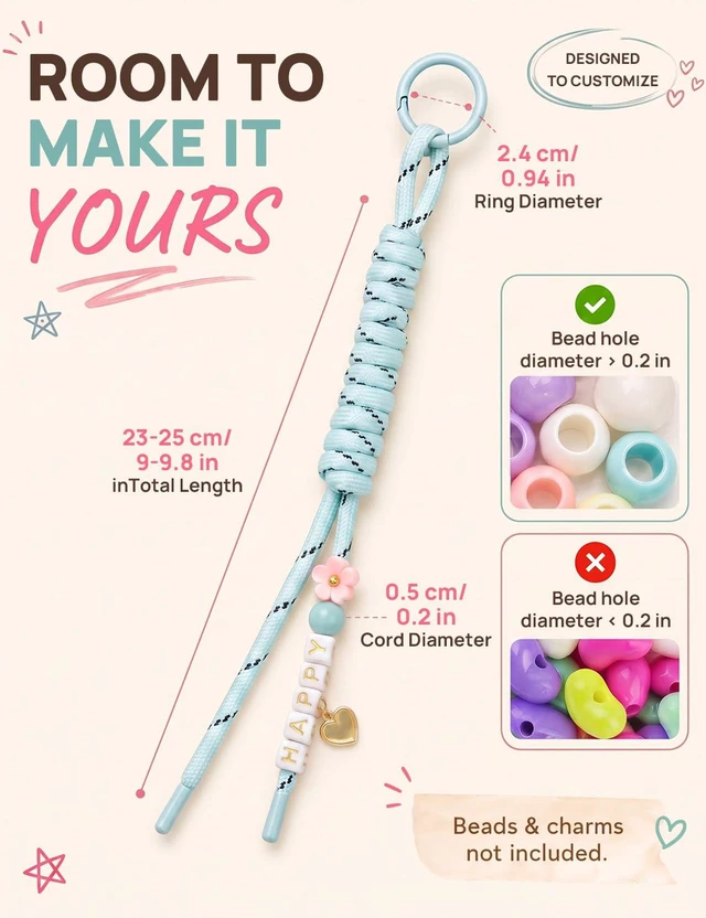 Alt view image 5 of 7 - 12PCS Paracord Keychain Kit, Paracord Bag Charm, Nylon Cords with Rings | 12-Color Rope Keychain Cords, Compatible with Paracord Beads & Chunky Letter Beads, for Bag, Purse, Backpack & Handbag