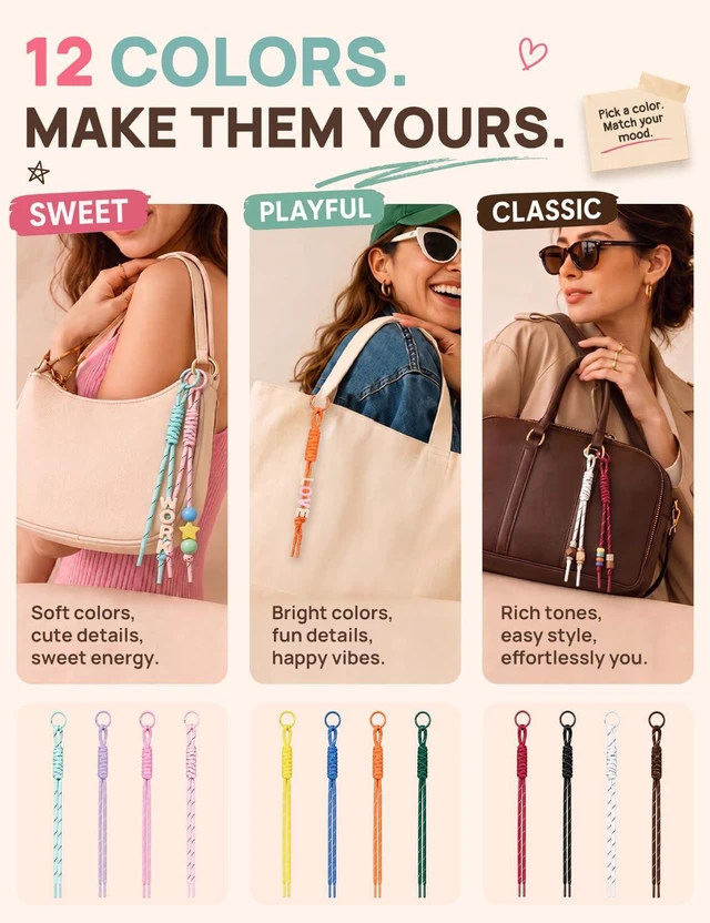 Alt view image 3 of 7 - 12PCS Paracord Keychain Kit, Paracord Bag Charm, Nylon Cords with Rings | 12-Color Rope Keychain Cords, Compatible with Paracord Beads & Chunky Letter Beads, for Bag, Purse, Backpack & Handbag