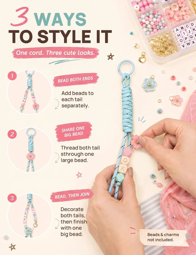 Alt view image 6 of 7 - 12PCS Paracord Keychain Kit, Paracord Bag Charm, Nylon Cords with Rings | 12-Color Rope Keychain Cords, Compatible with Paracord Beads & Chunky Letter Beads, for Bag, Purse, Backpack & Handbag