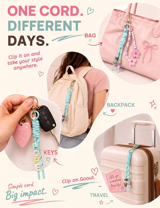 Alt view image 7 of 7 - 12PCS Paracord Keychain Kit, Paracord Bag Charm, Nylon Cords with Rings | 12-Color Rope Keychain Cords, Compatible with Paracord Beads & Chunky Letter Beads, for Bag, Purse, Backpack & Handbag