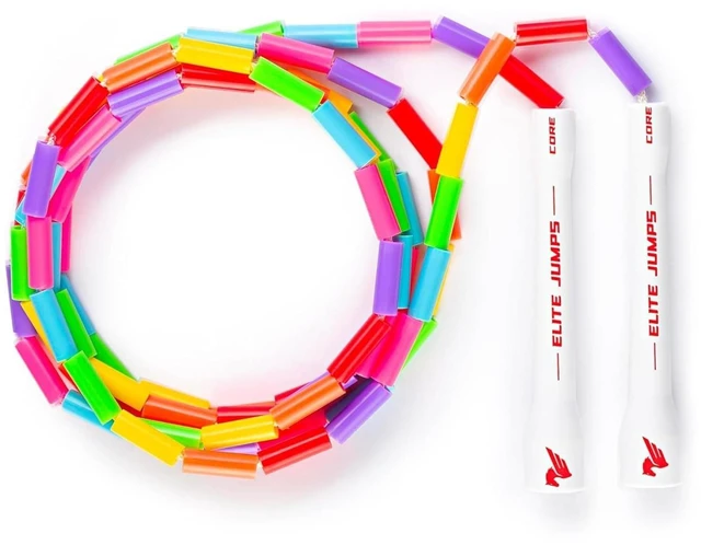 Main image of Elite Jumps Beaded Kids Jump Rope, Adjustable, Rainbow, 7 ft | Shatterproof segmented beads. Tangle-free and lightweight. Fun fitness and outdoor play for kids.