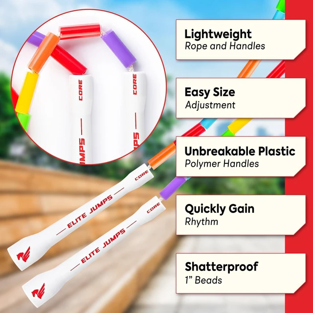 Alt view image 2 of 7 - Elite Jumps Beaded Kids Jump Rope, Adjustable, Rainbow, 7 ft | Shatterproof segmented beads. Tangle-free and lightweight. Fun fitness and outdoor play for kids.