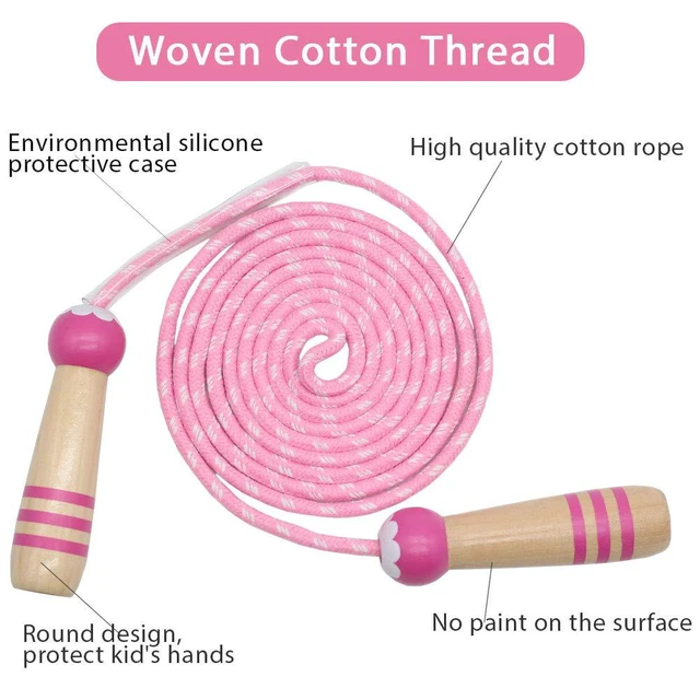 Alt view image 3 of 7 - Jump Rope Kids, 7ft Adjustable Cotton Skipping Rope with Wooden Handle for Boys and Girls Fitness Outdoor Exercise(Pink)
