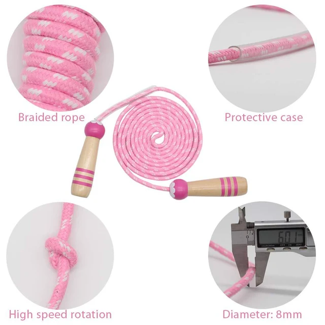 Alt view image 4 of 7 - Jump Rope Kids, 7ft Adjustable Cotton Skipping Rope with Wooden Handle for Boys and Girls Fitness Outdoor Exercise(Pink)