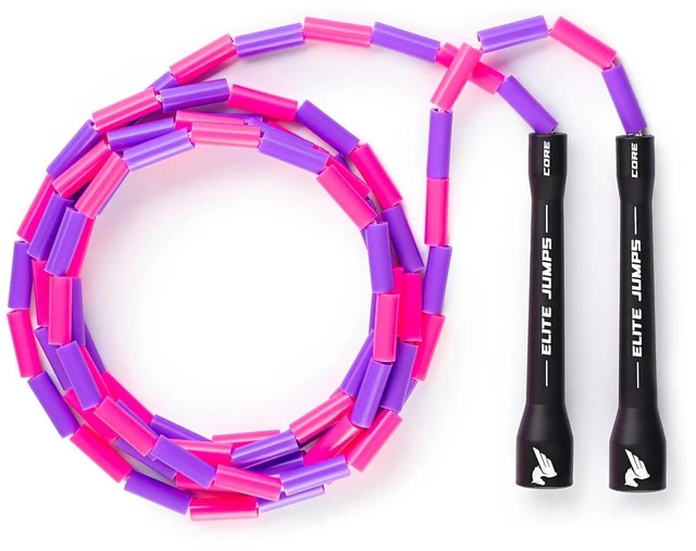 Main image of Elite Jumps Beaded Kids Jump Rope, Adjustable, Pink Purple, 7 ft | Shatterproof segmented beads. Tangle-free and lightweight. Fun fitness and outdoor play for kids.