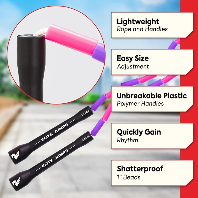 Alt view image 2 of 7 - Elite Jumps Beaded Kids Jump Rope, Adjustable, Pink Purple, 7 ft | Shatterproof segmented beads. Tangle-free and lightweight. Fun fitness and outdoor play for kids.