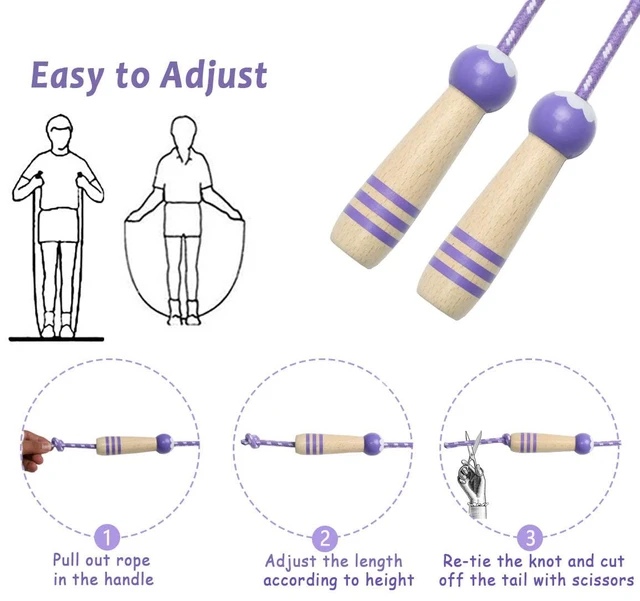 Alt view image 2 of 6 - Jump Rope Kids,8.5ft Adjustable Cotton Skipping Rope with Wooden Handle for Boys and Girls Fitness Outdoor Exercise (Purple)