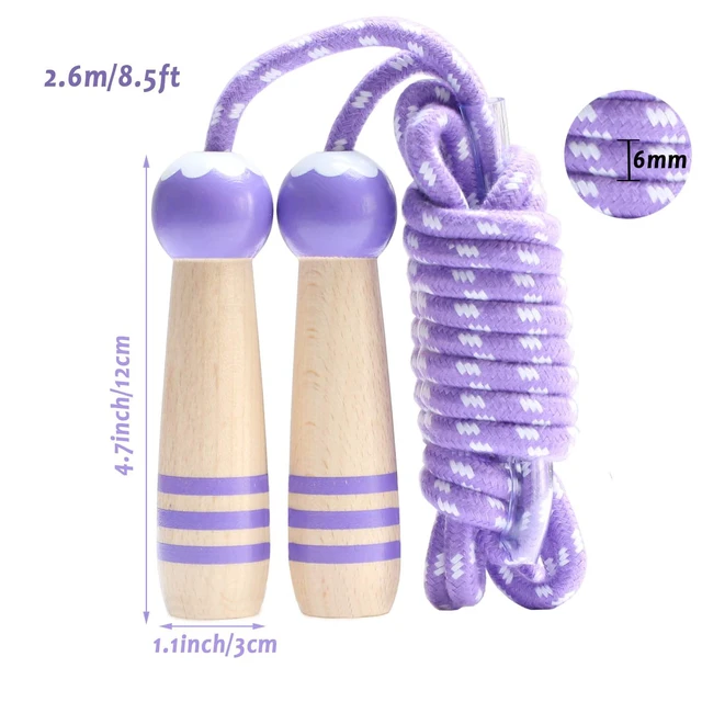 Alt view image 4 of 6 - Jump Rope Kids,8.5ft Adjustable Cotton Skipping Rope with Wooden Handle for Boys and Girls Fitness Outdoor Exercise (Purple)
