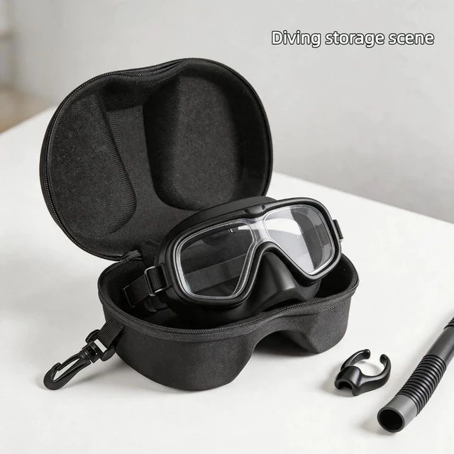 Alt view image 2 of 7 - Portable Dive Mask Case, 1PC Snorkel Mask Storage Box with Hook, EVA Material Lightweight Protective Container for Swimming Goggles & Diving Mask(Black)