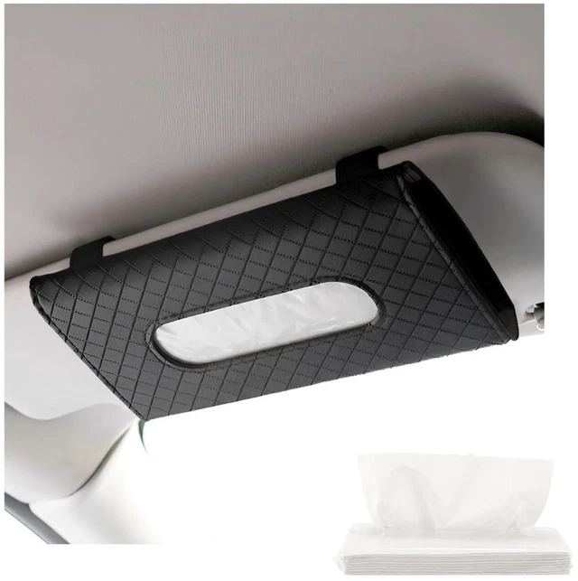 Main image of Car Tissue Holder, Leather Sun Visor Hanging Napkin Holder with Tissue Refill, Clip-On Visor Mask Dispenser Premium Paper Towels Case for Vehicles, Universal Car Accessories (Black)