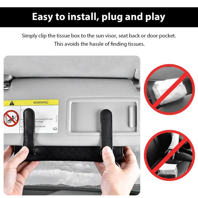 Alt view image 4 of 6 - Car Tissue Holder, Leather Sun Visor Hanging Napkin Holder with Tissue Refill, Clip-On Visor Mask Dispenser Premium Paper Towels Case for Vehicles, Universal Car Accessories (Black)