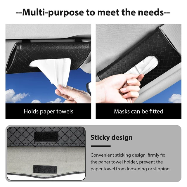 Alt view image 5 of 6 - Car Tissue Holder, Leather Sun Visor Hanging Napkin Holder with Tissue Refill, Clip-On Visor Mask Dispenser Premium Paper Towels Case for Vehicles, Universal Car Accessories (Black)