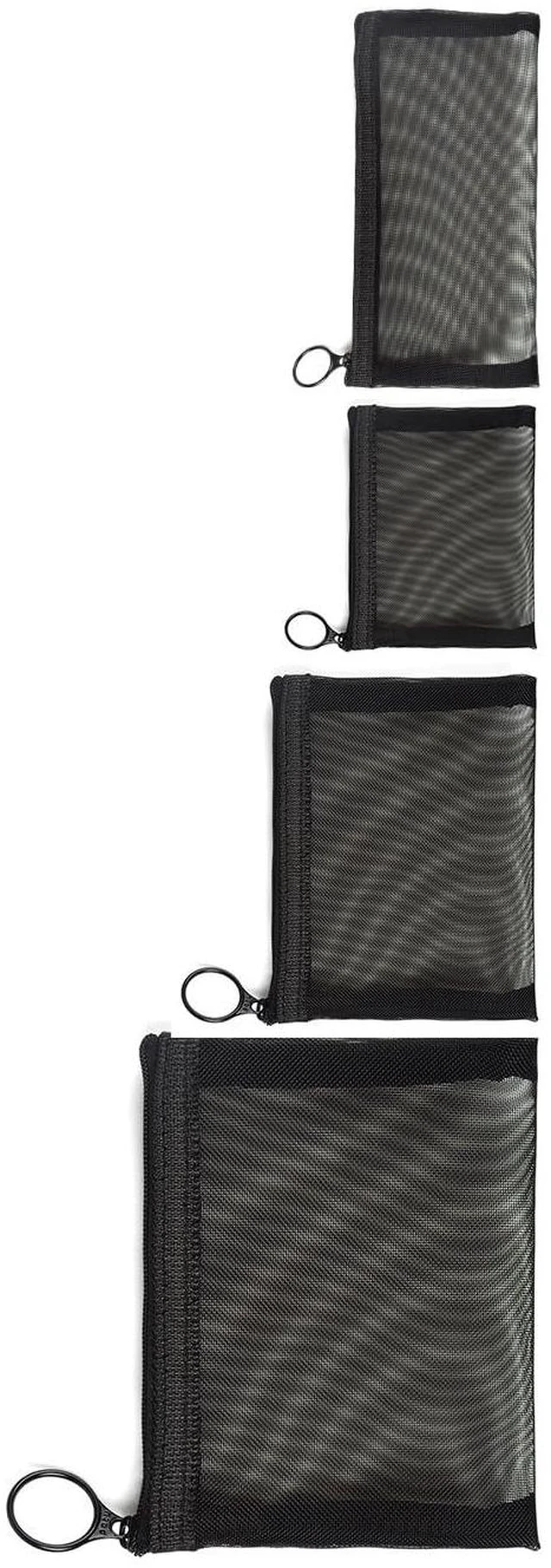 Main image of Zipper Mesh Bags, Pack of 4 (S/M/L & Long Pouch), Beauty Makeup Cosmetic Accessories Organizer, Travel Toiletry Kit Set Storage Case, Black