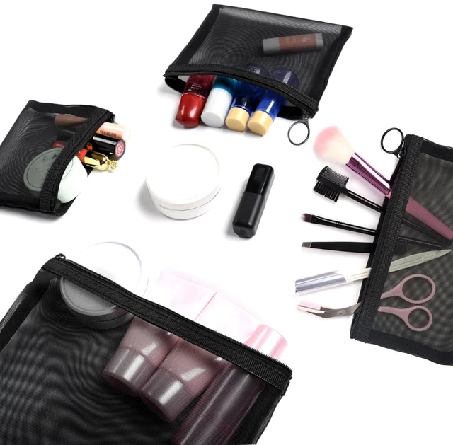 Alt view image 2 of 7 - Zipper Mesh Bags, Pack of 4 (S/M/L & Long Pouch), Beauty Makeup Cosmetic Accessories Organizer, Travel Toiletry Kit Set Storage Case, Black