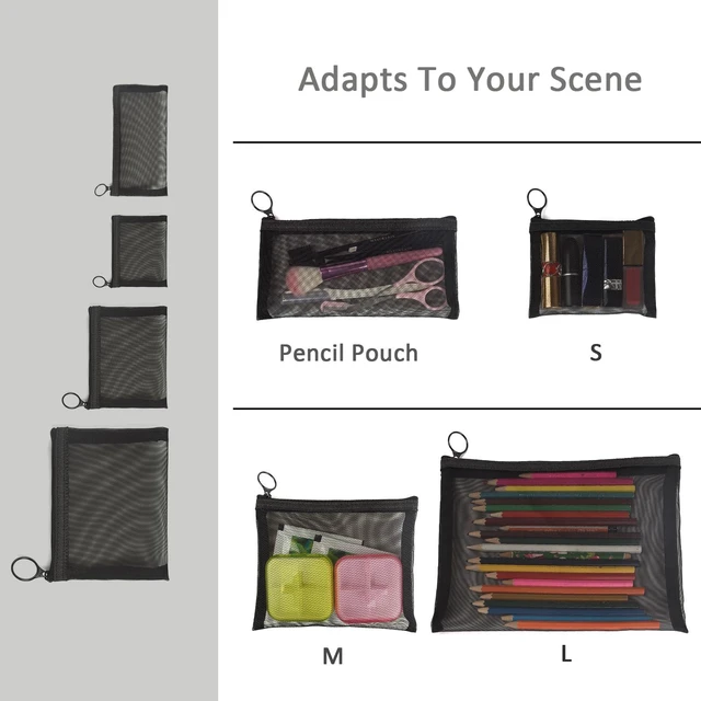 Alt view image 3 of 7 - Zipper Mesh Bags, Pack of 4 (S/M/L & Long Pouch), Beauty Makeup Cosmetic Accessories Organizer, Travel Toiletry Kit Set Storage Case, Black