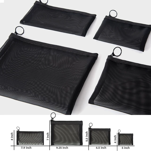 Alt view image 4 of 7 - Zipper Mesh Bags, Pack of 4 (S/M/L & Long Pouch), Beauty Makeup Cosmetic Accessories Organizer, Travel Toiletry Kit Set Storage Case, Black